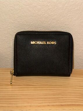 Michael Kors Black Saffiano Leather Zip Wallet with Gold Logo